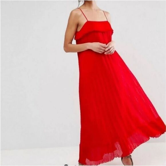 NEW Free Generation Micro Pleat Swiss Dot Ruffle Maxi Dress in Red Size Small - Picture 10 of 12